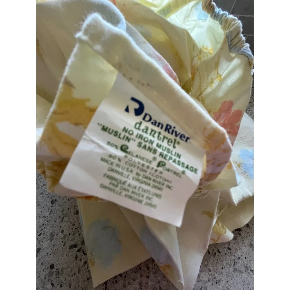 Vintage Dan River Full Floral Fitted Sheet Yellow Pink Blue Muslin USA Made